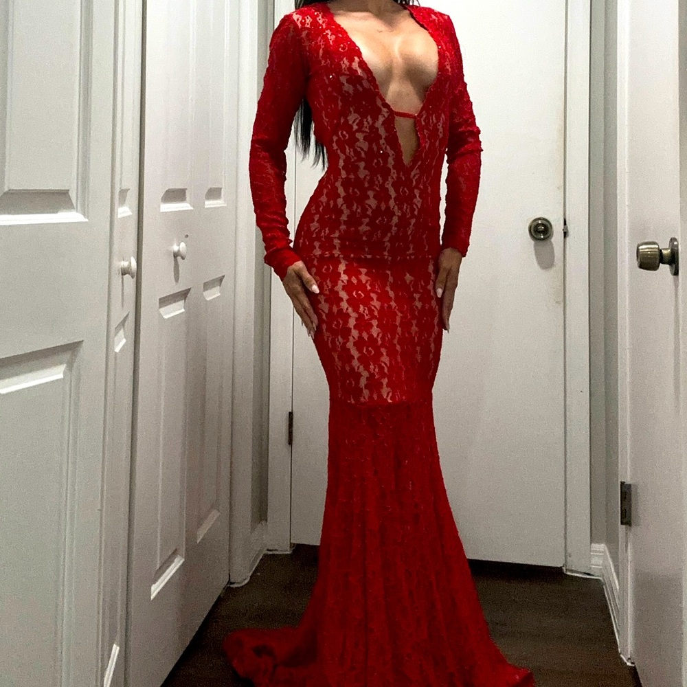 FMG/WBFF Deep V RED birthday celebration evening gown dress